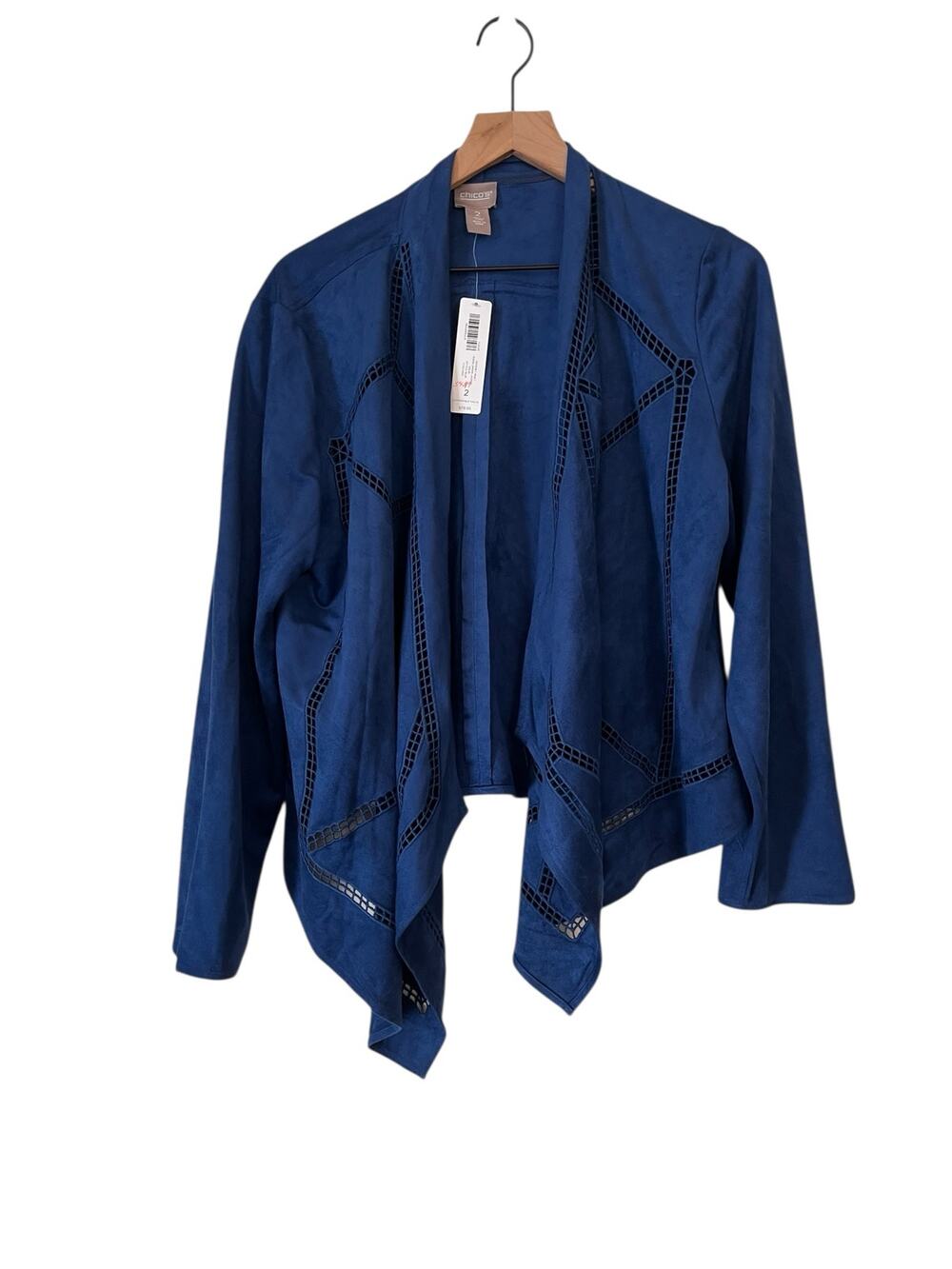 Chicos Womens Long Sleeve Blue Faux Suede Crochet Inset Drape Jacket Size Large